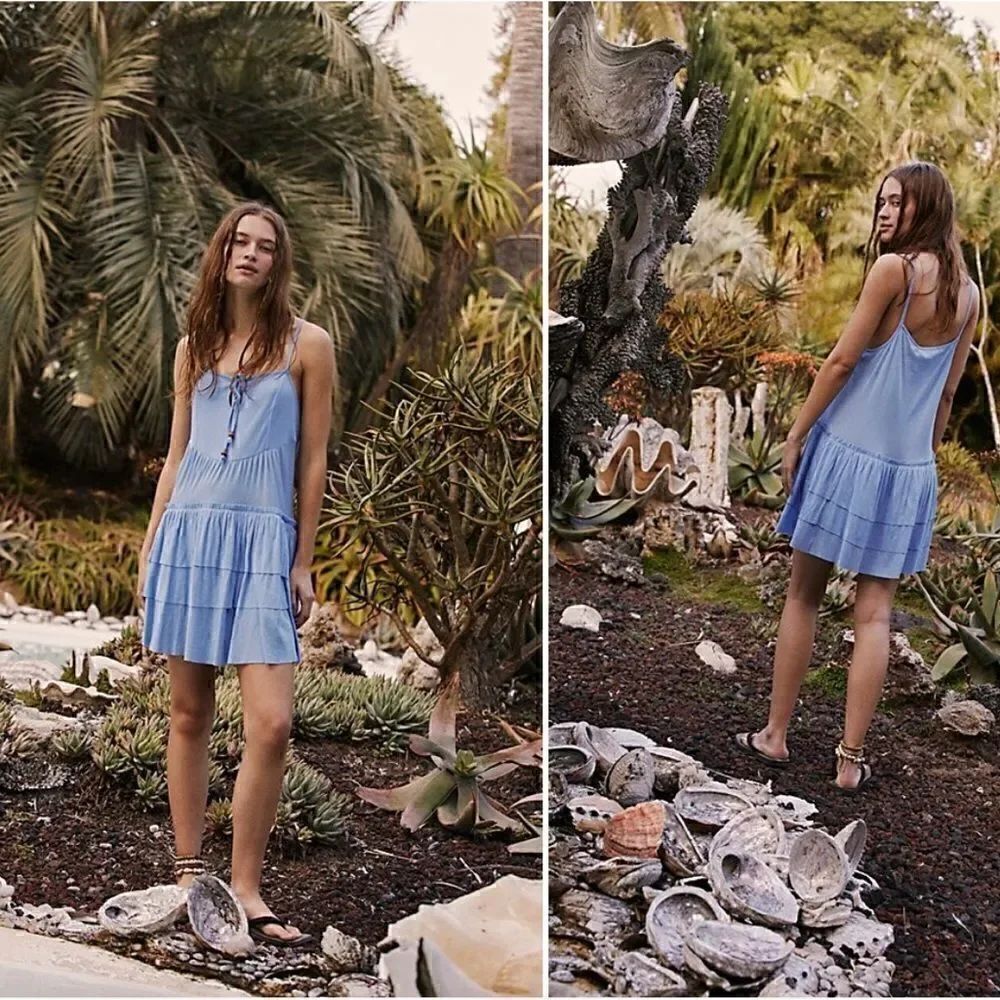 NWOT Free People Beach Noelle Mini Dress Blue Babydoll Relaxed Keyhole Tiered XS